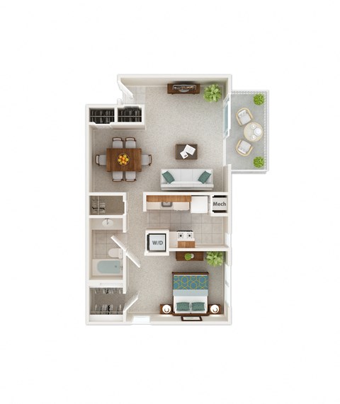 Floor plan for 1 bed, 1 bath, 733 sqft